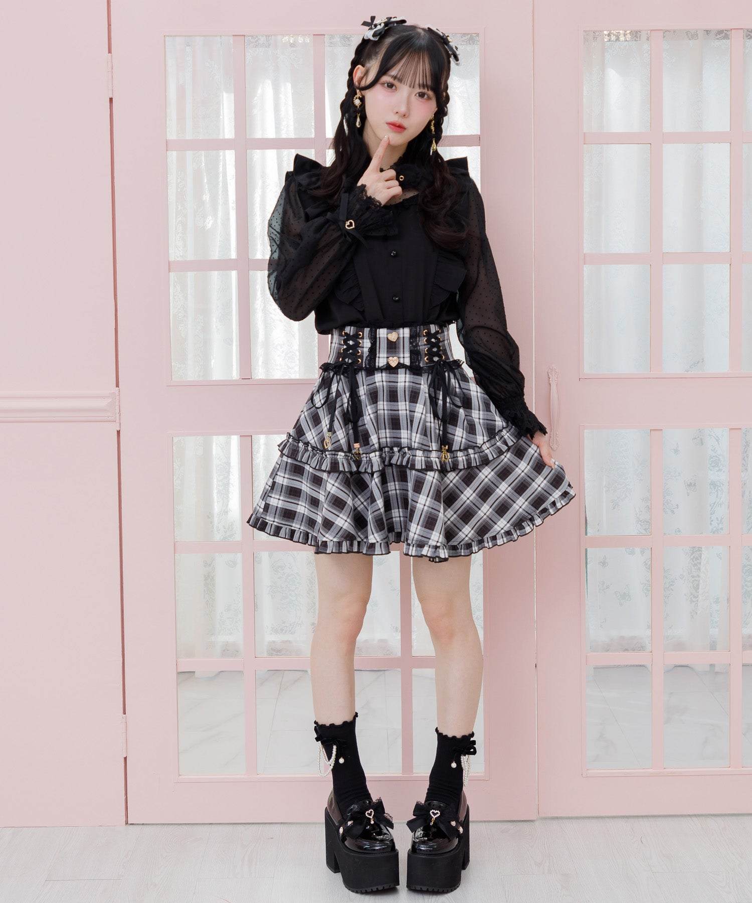 ロジータ ROJITA レースアップフリルフレアスカート (チェック) チェック