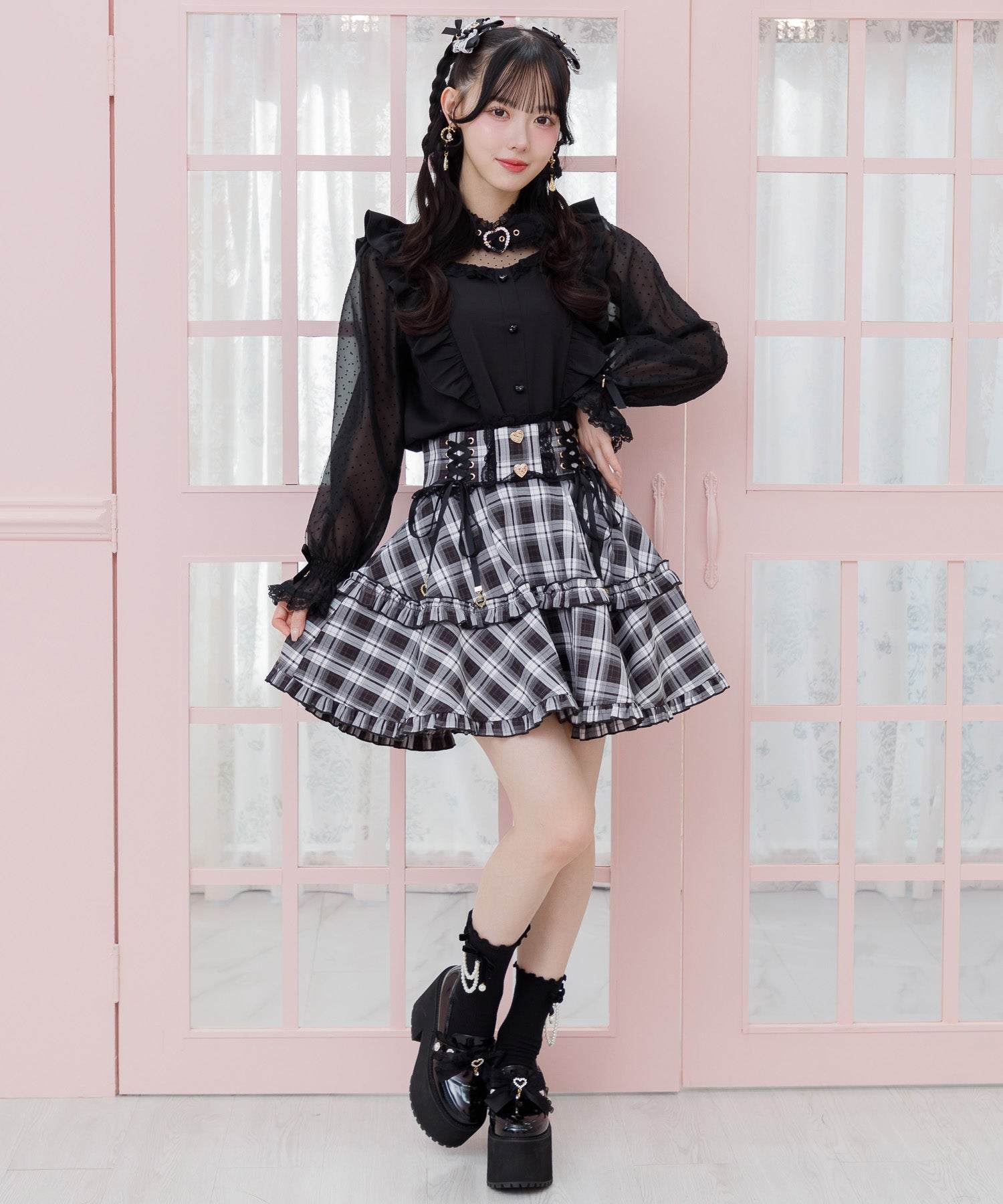 ロジータ ROJITA レースアップフリルフレアスカート (チェック) チェック