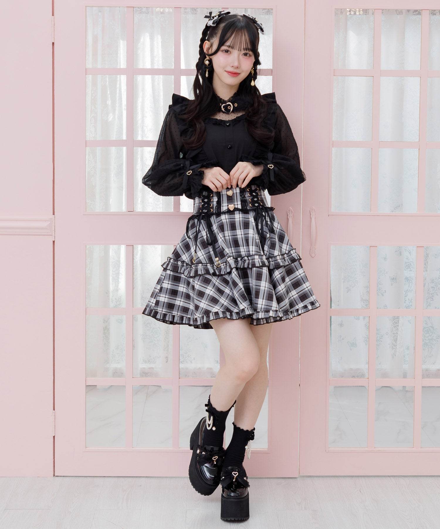 ロジータ ROJITA レースアップフリルフレアスカート (チェック) チェック