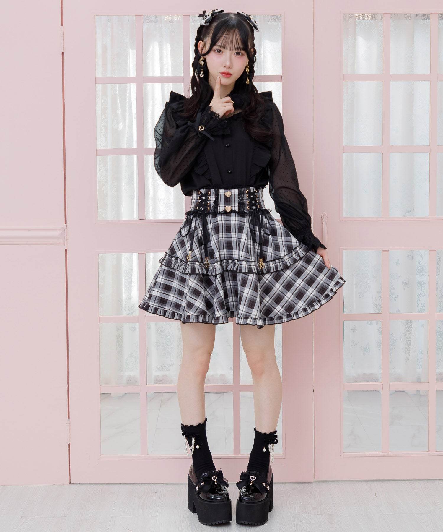 ロジータ ROJITA レースアップフリルフレアスカート (チェック) チェック