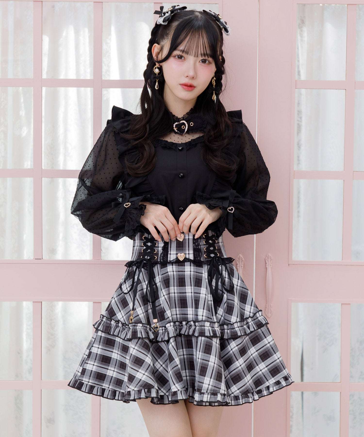 ロジータ ROJITA レースアップフリルフレアスカート (チェック) チェック