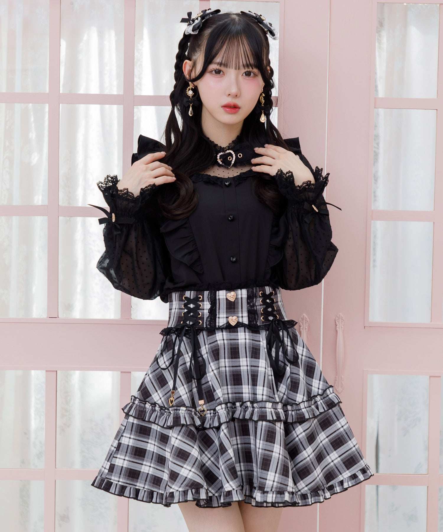 ロジータ ROJITA レースアップフリルフレアスカート (チェック) チェック