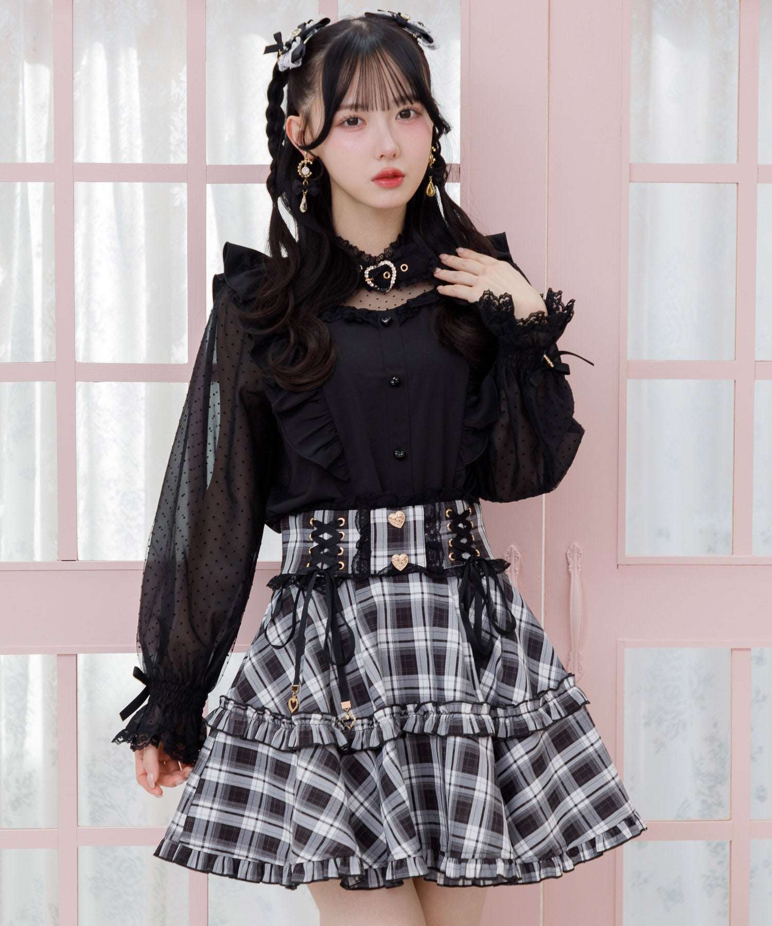 ロジータ ROJITA レースアップフリルフレアスカート (チェック) チェック