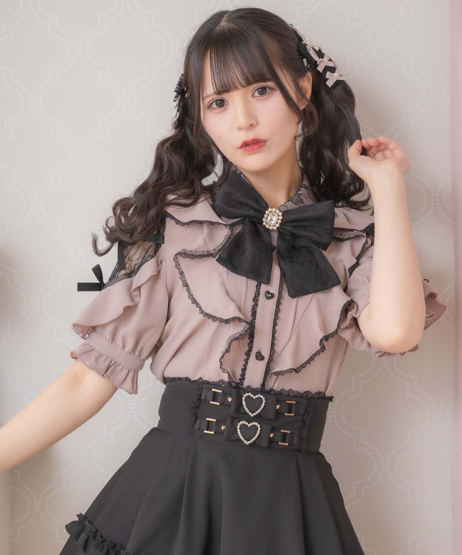 ロジータ ROJITA 肩レースダブルリボンフリルデザインブラウス (ピンク) ピンク