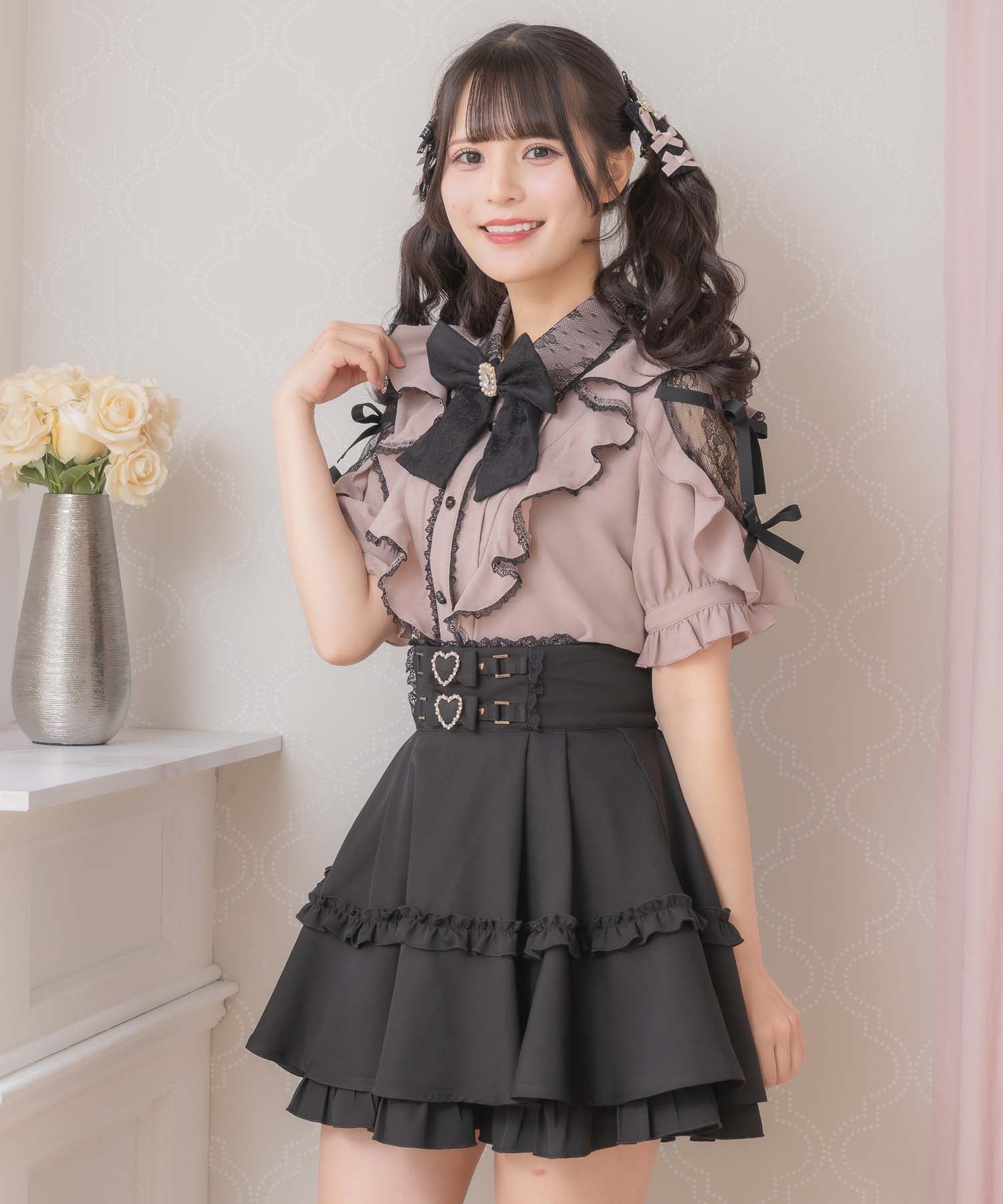 ロジータ ROJITA 肩レースダブルリボンフリルデザインブラウス (ピンク) ピンク