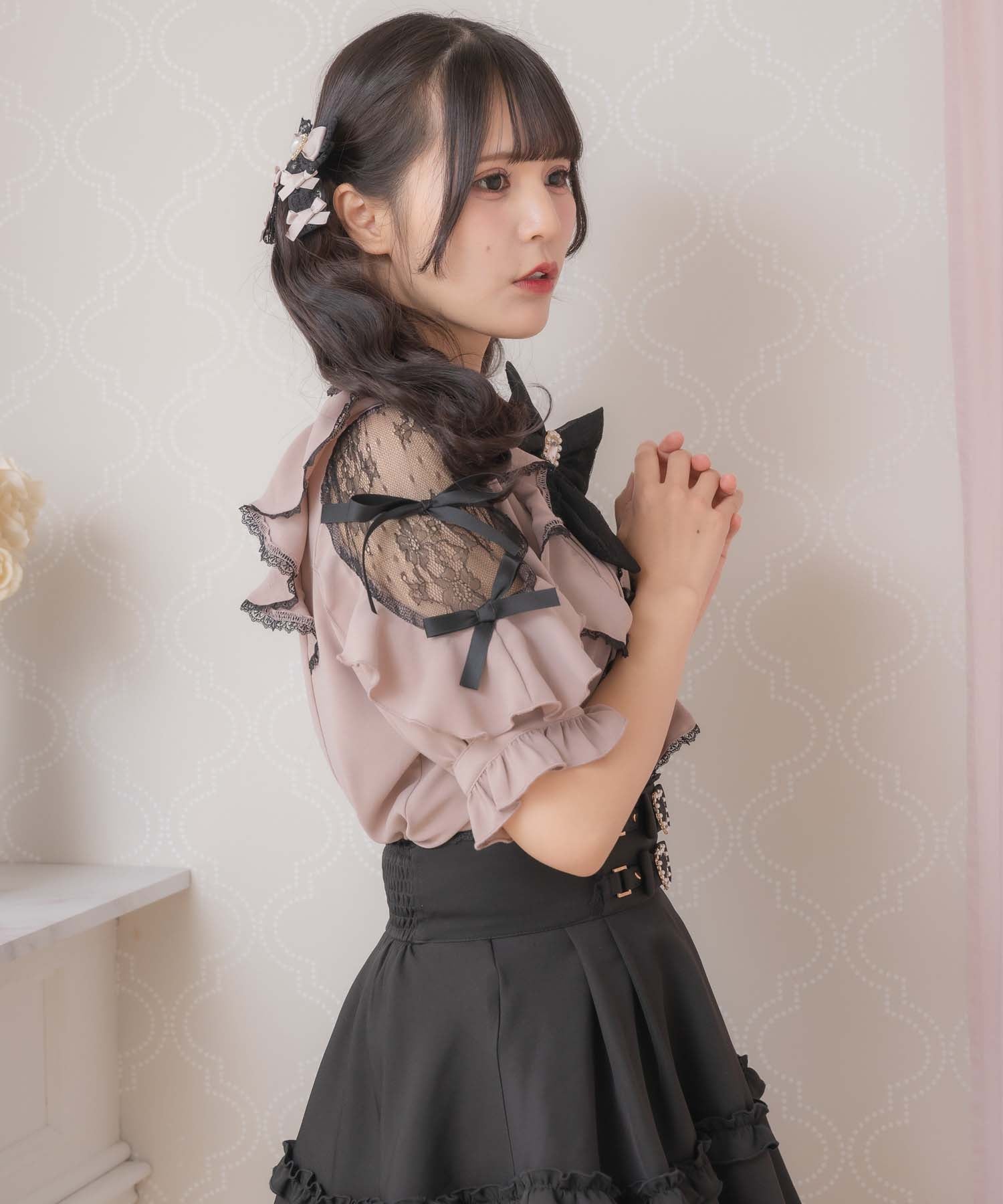 ロジータ ROJITA 肩レースダブルリボンフリルデザインブラウス (ピンク) ピンク