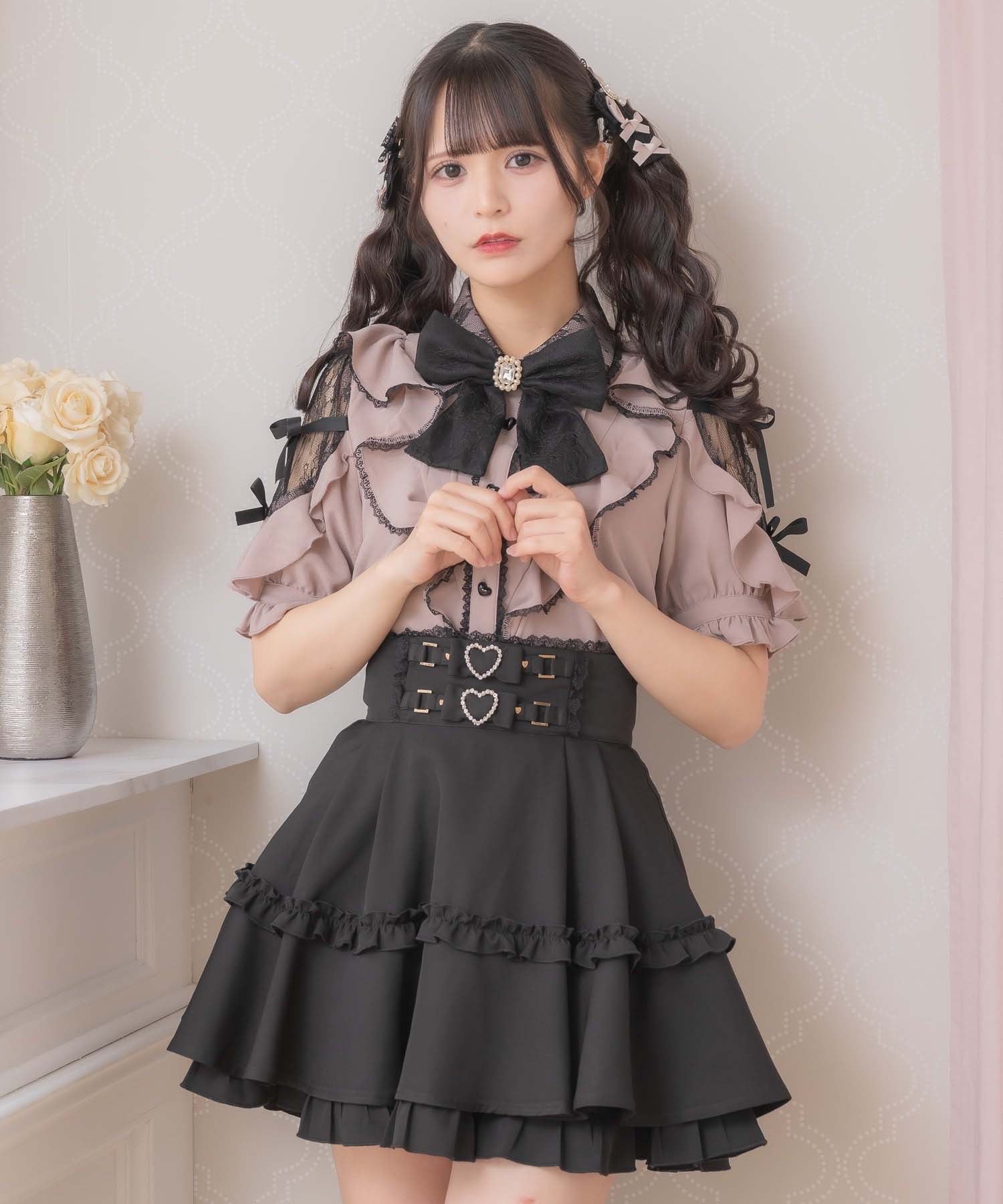 ロジータ ROJITA 肩レースダブルリボンフリルデザインブラウス (ピンク) ピンク