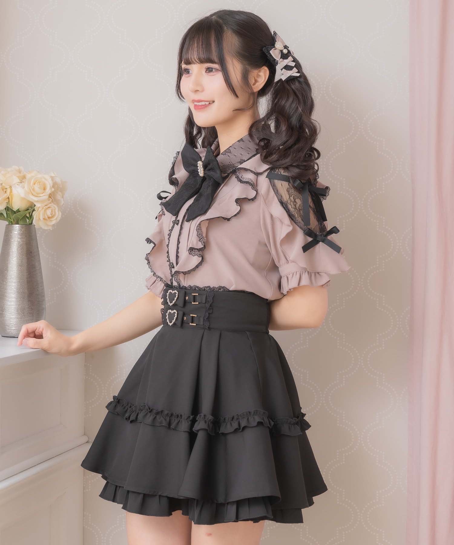 ロジータ ROJITA 肩レースダブルリボンフリルデザインブラウス (ピンク) ピンク