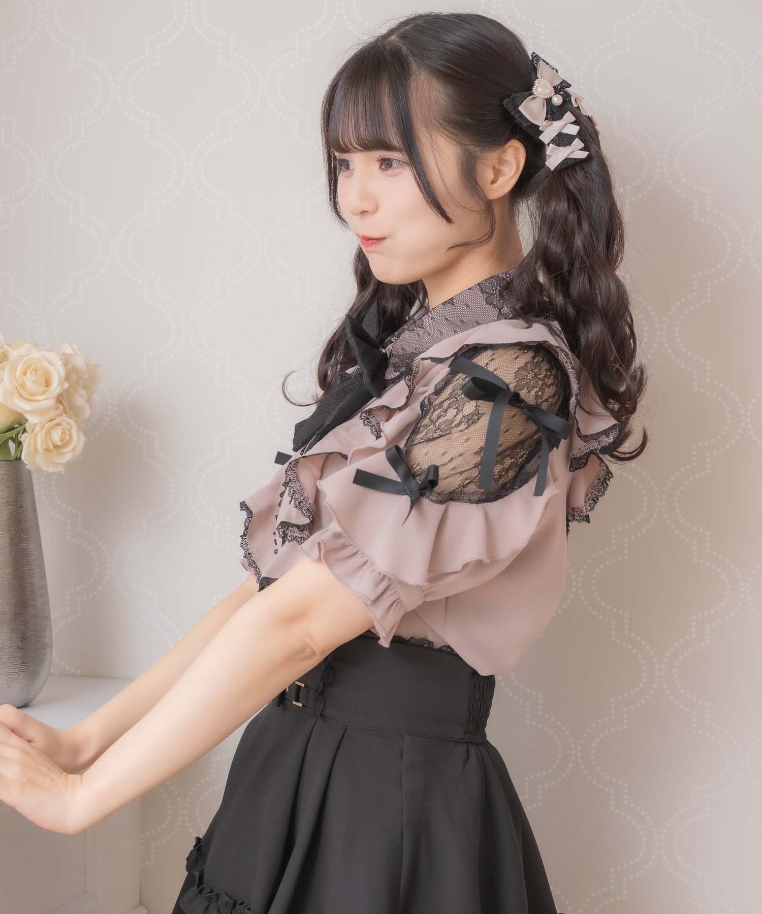 ロジータ ROJITA 肩レースダブルリボンフリルデザインブラウス (ピンク) ピンク