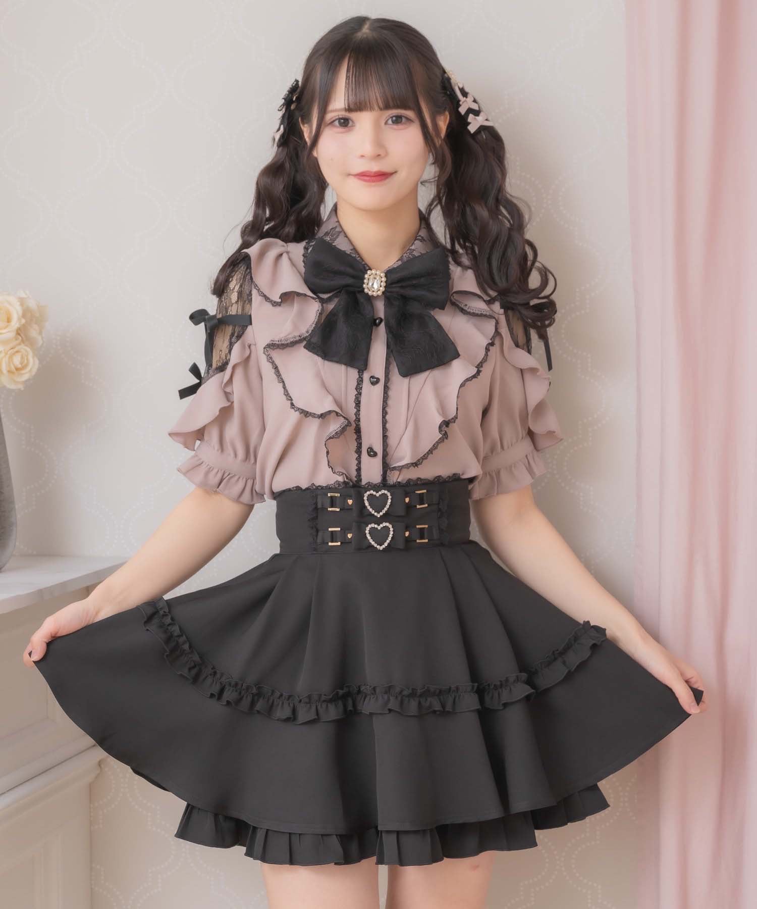 ロジータ ROJITA 肩レースダブルリボンフリルデザインブラウス (ピンク) ピンク