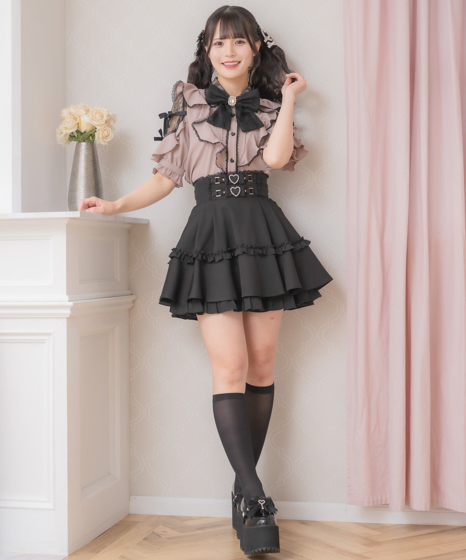 ロジータ ROJITA 肩レースダブルリボンフリルデザインブラウス (ピンク) ピンク