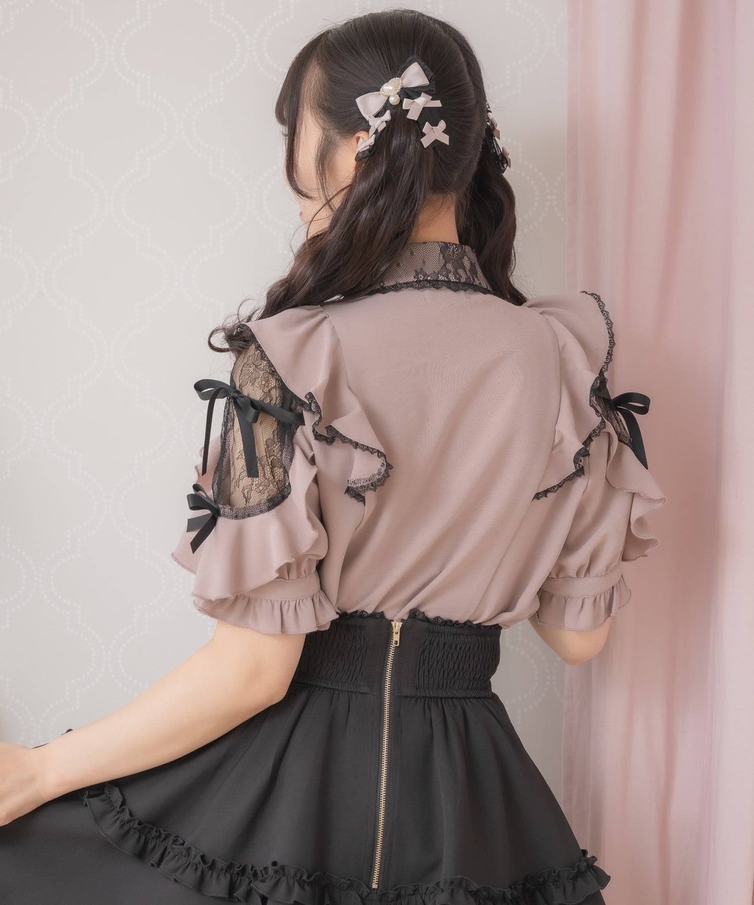 ロジータ ROJITA 肩レースダブルリボンフリルデザインブラウス (ピンク) ピンク