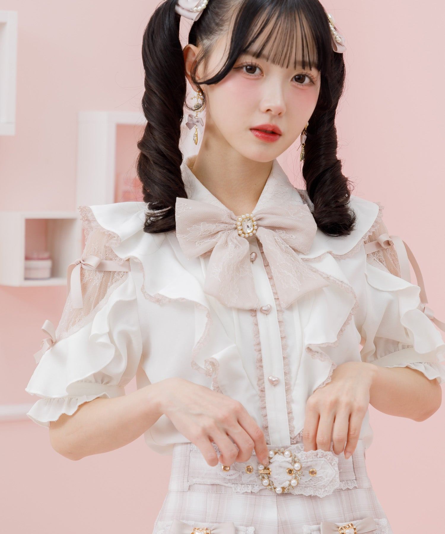 ロジータ ROJITA 肩レースダブルリボンフリルデザインブラウス (ホワイト) ホワイト