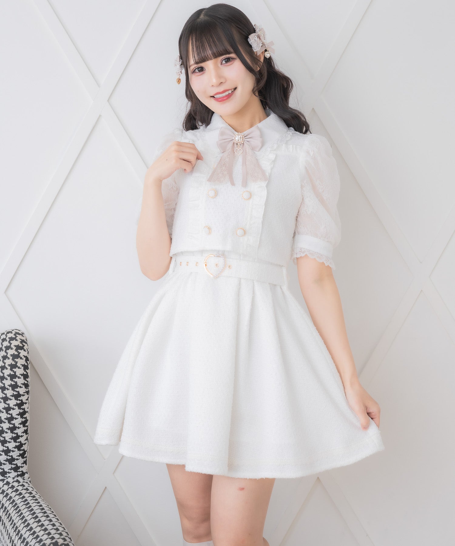 ロジータ ROJITA ダブルボタンレース切替ツイードワンピース (ホワイト) ホワイト