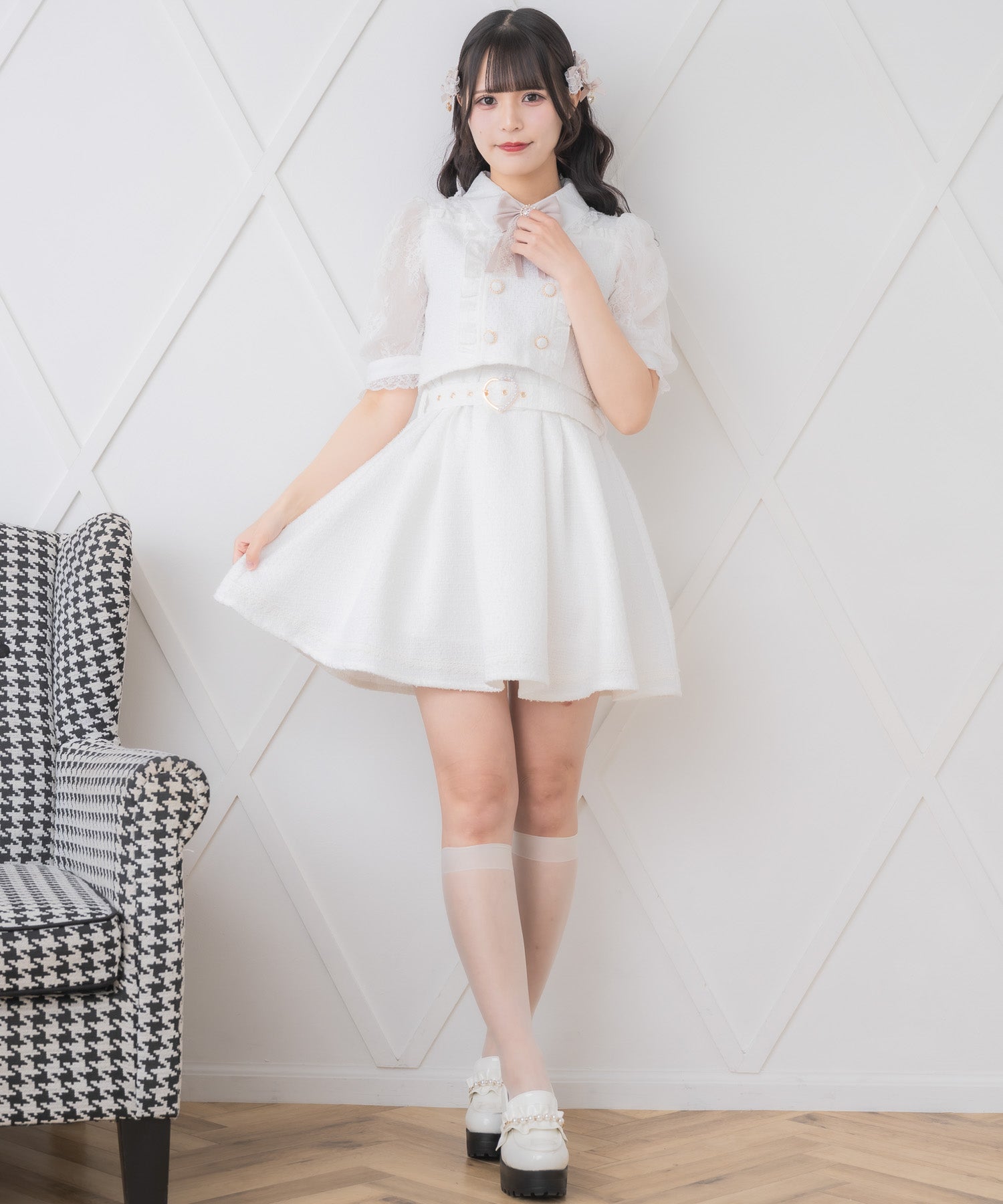 ロジータ ROJITA ダブルボタンレース切替ツイードワンピース (ホワイト) ホワイト