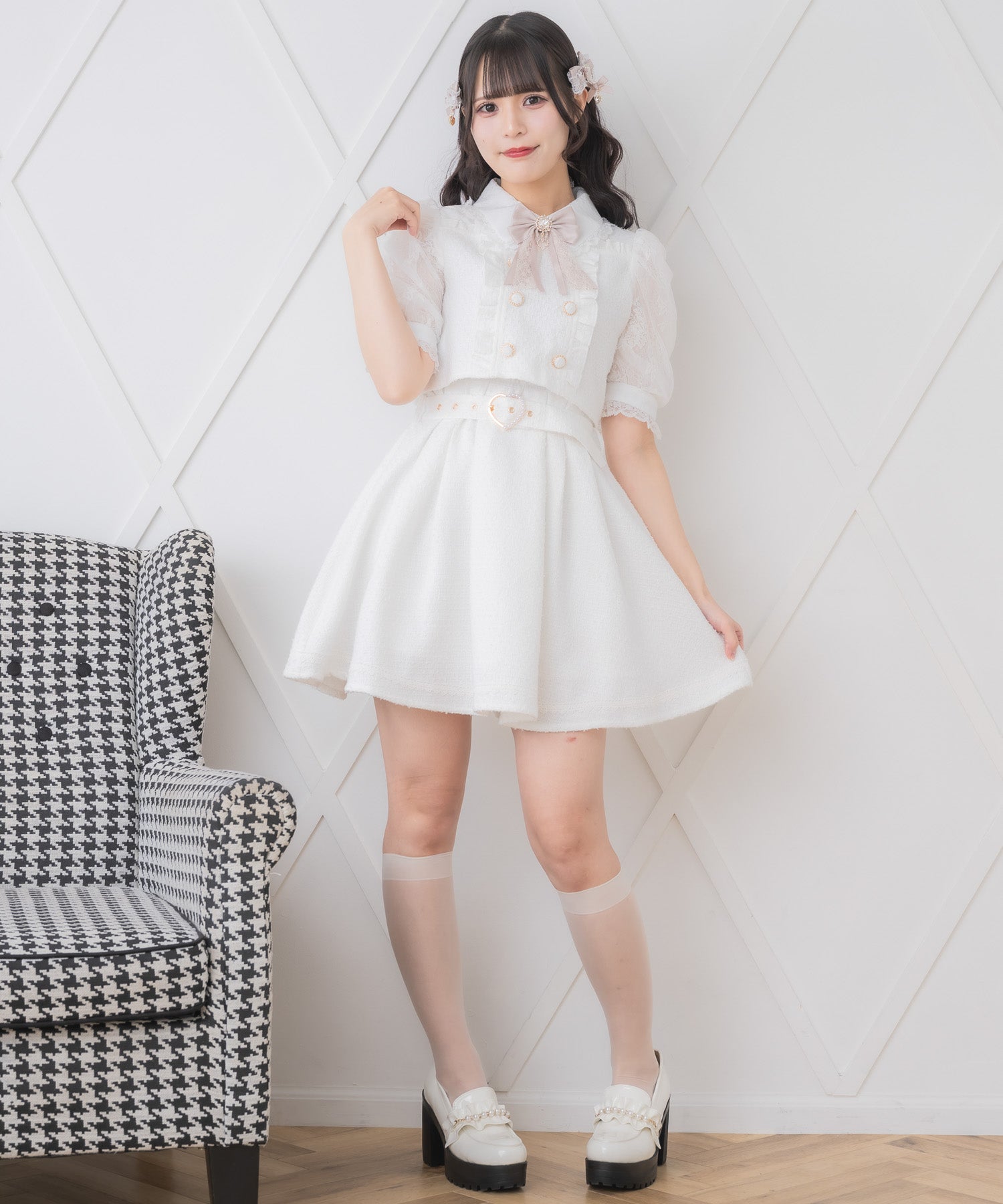 ロジータ ROJITA ダブルボタンレース切替ツイードワンピース (ホワイト) ホワイト