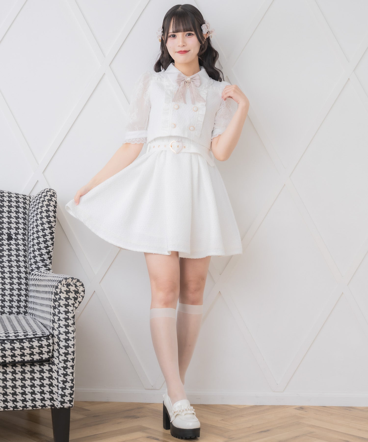 ロジータ ROJITA ダブルボタンレース切替ツイードワンピース (ホワイト) ホワイト