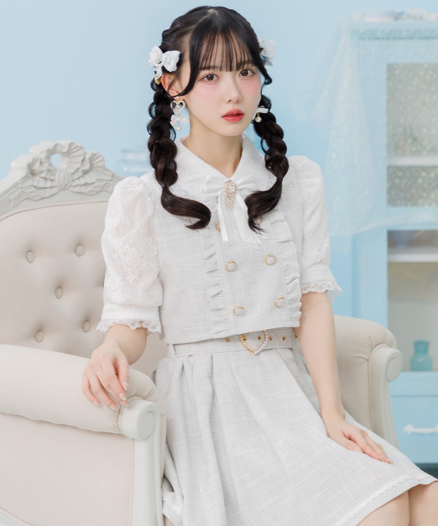 ロジータ ROJITA ダブルボタンレース切替ツイードワンピース (グレー) グレー