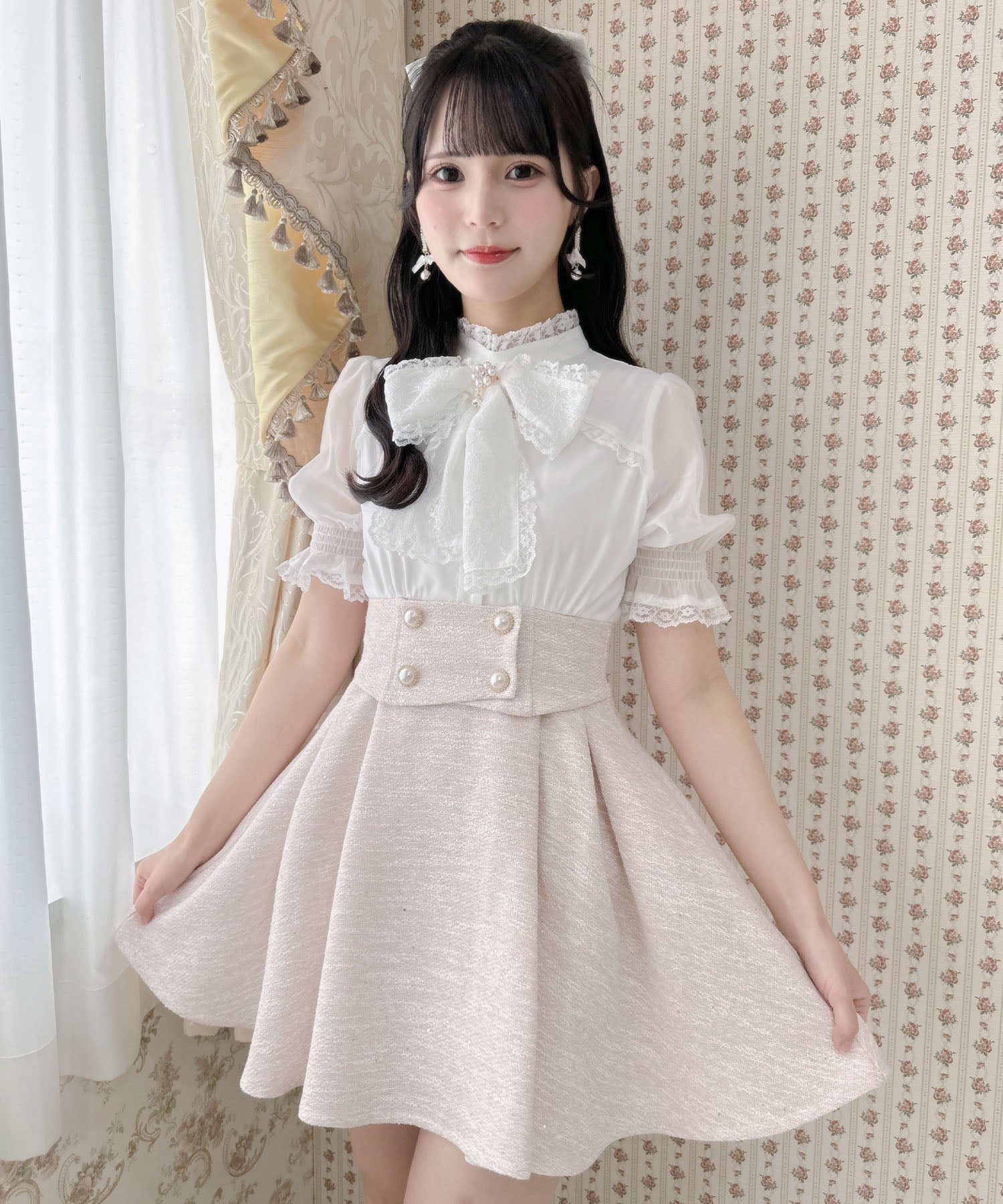 ロジータ ROJITA レーシーリボンツイードドッキングワンピース (ピンク) ピンク