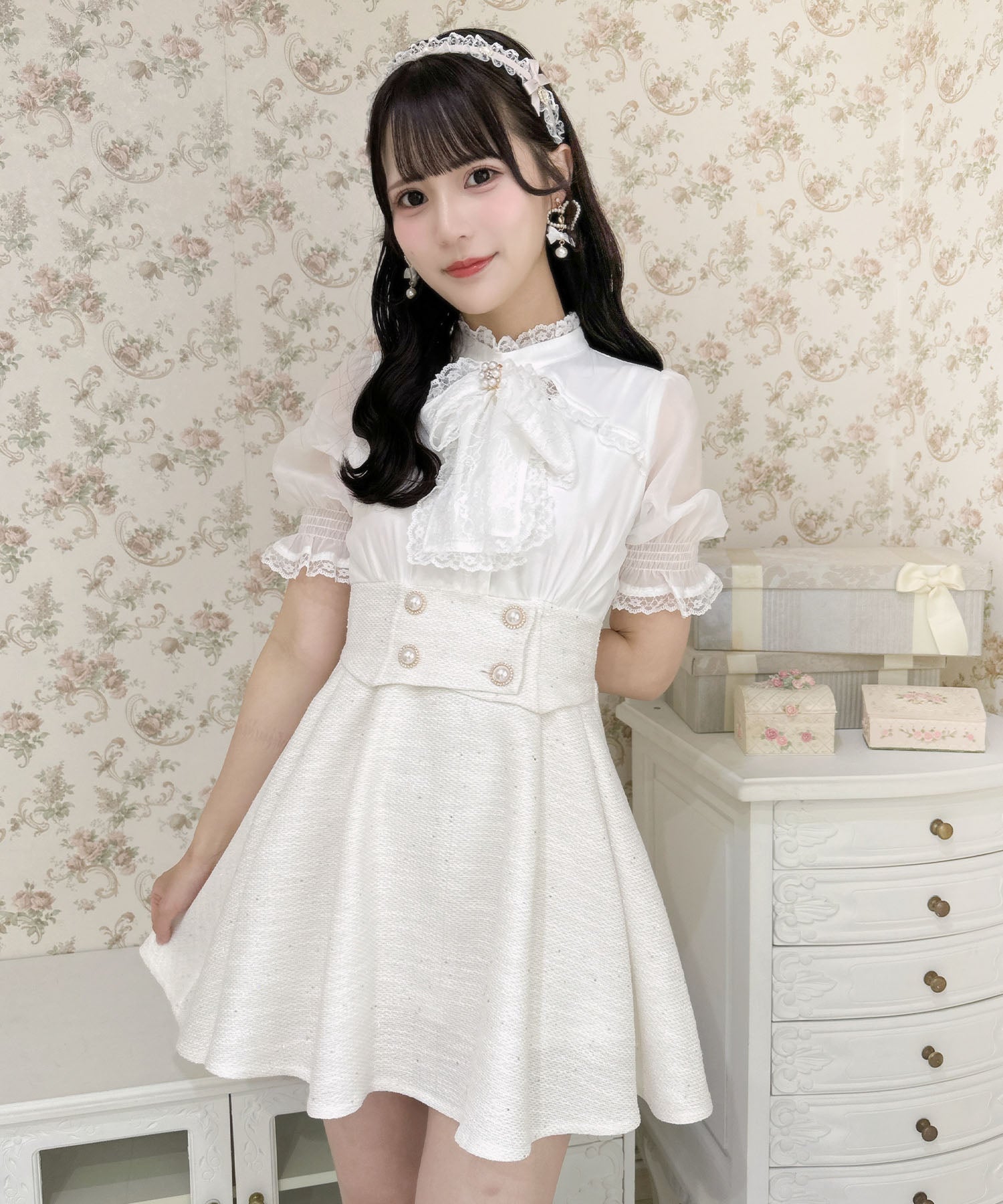 ロジータ ROJITA レーシーリボンツイードドッキングワンピース (ホワイト) ホワイト