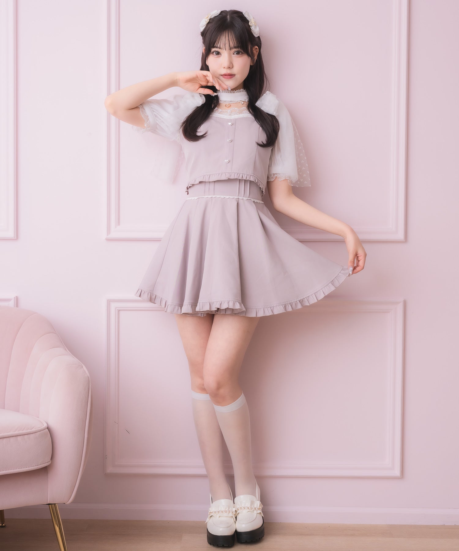 ロジータ ROJITA チュールリボンビスチェ×デコルテ開きトップスセット (ピンク) ピンク