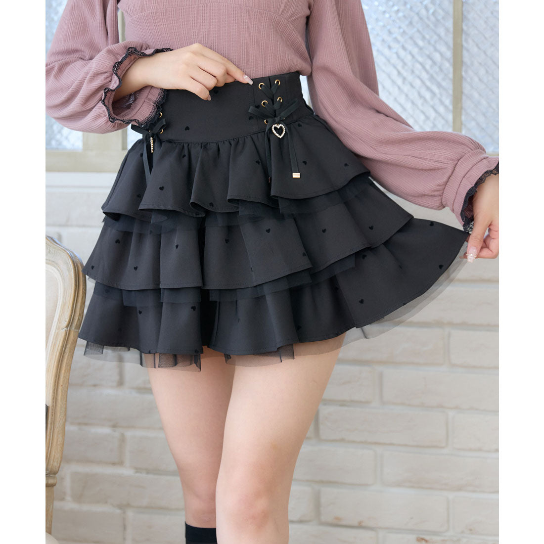 ロジータ ROJITA ハートフロッキーティアードスカート (ブラック) ブラック