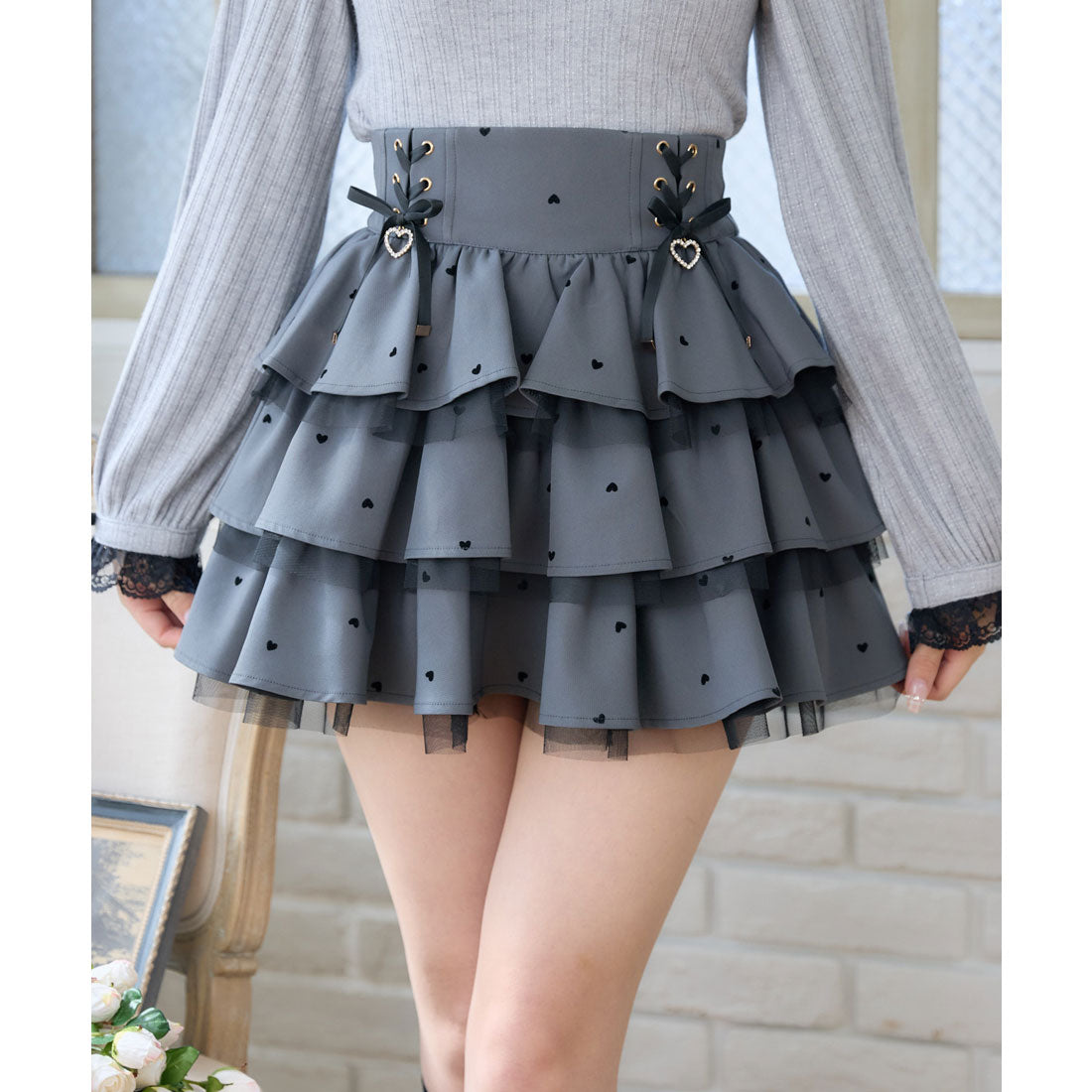 ロジータ ROJITA ハートフロッキーティアードスカート (グレー) グレー