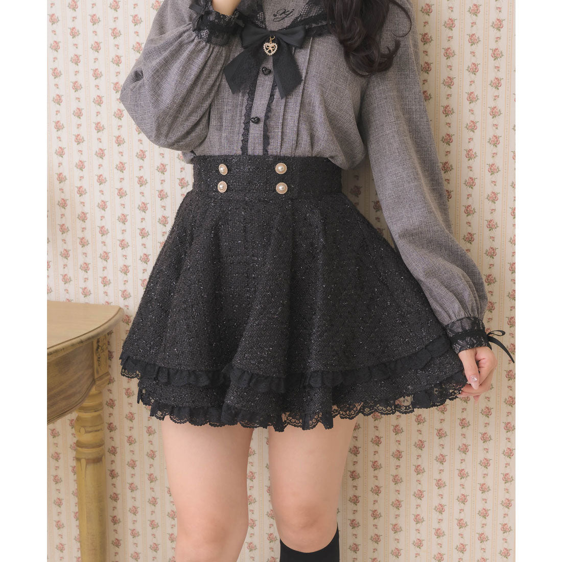 ロジータ ROJITA ダブルフレア裾レーススカート (ブラック) ブラック