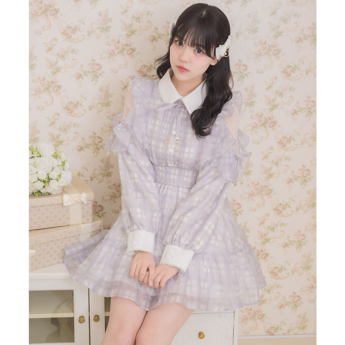 ロジータ ROJITA 花柄チェックミニワンピース (グレー) グレー