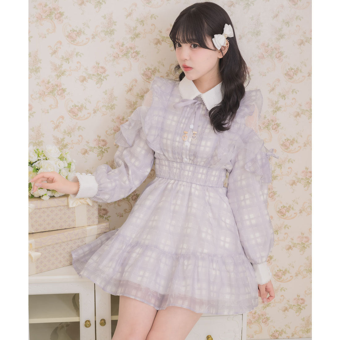 ロジータ ROJITA 花柄チェックミニワンピース (グレー) グレー