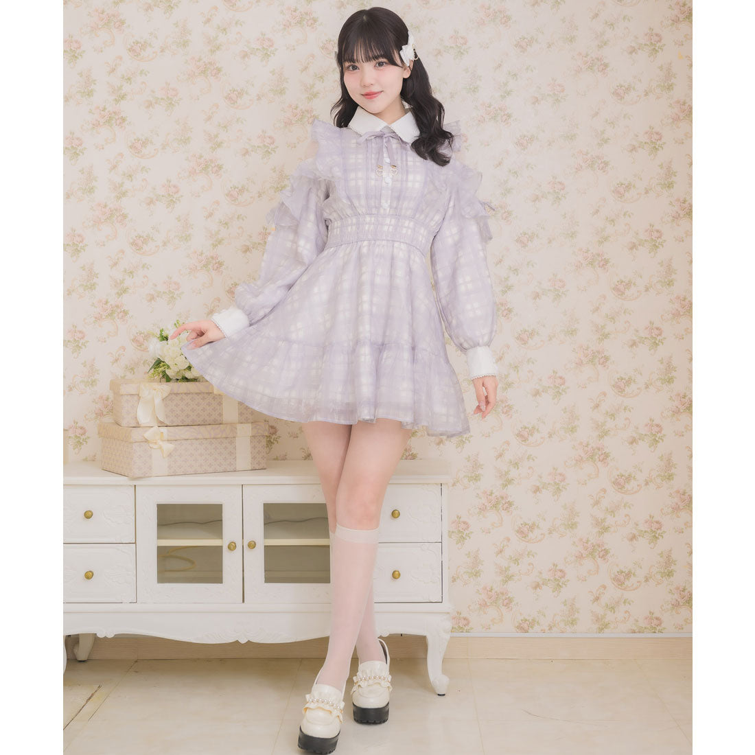 ロジータ ROJITA 花柄チェックミニワンピース (グレー) グレー