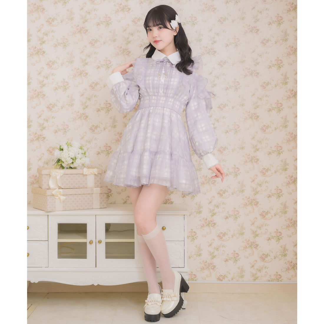 ロジータ ROJITA 花柄チェックミニワンピース (グレー) グレー