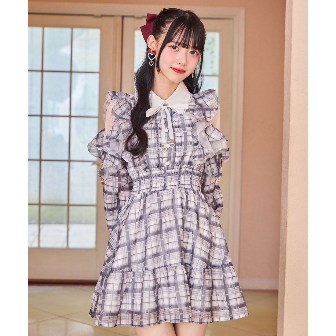 ロジータ ROJITA 花柄チェックミニワンピース (グレー) グレー