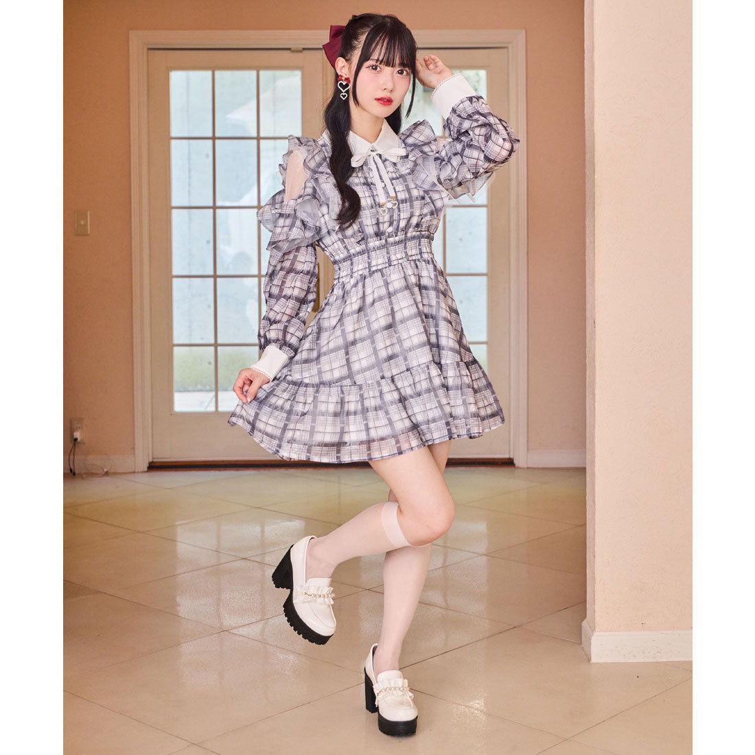 ロジータ ROJITA 花柄チェックミニワンピース (グレー) グレー