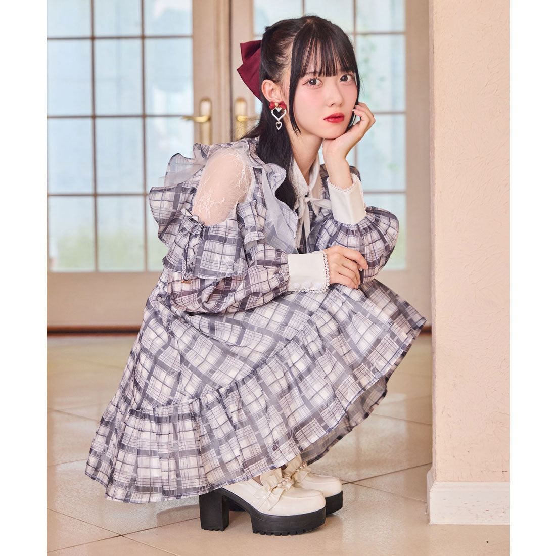 ロジータ ROJITA 花柄チェックミニワンピース (グレー) グレー