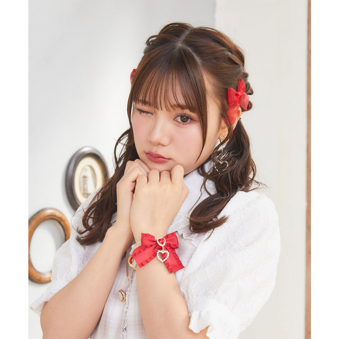 ROJITA Frill Ribbon + Heart Pearl Ring SET