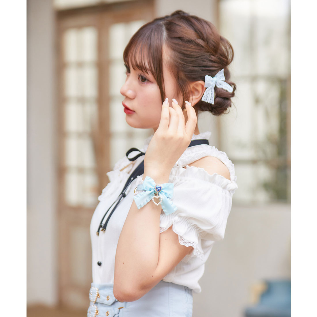 ROJITA Frill Ribbon + Heart Pearl Ring SET