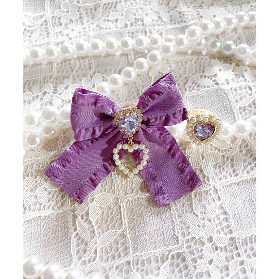 ROJITA Frill Ribbon + Heart Pearl Ring SET