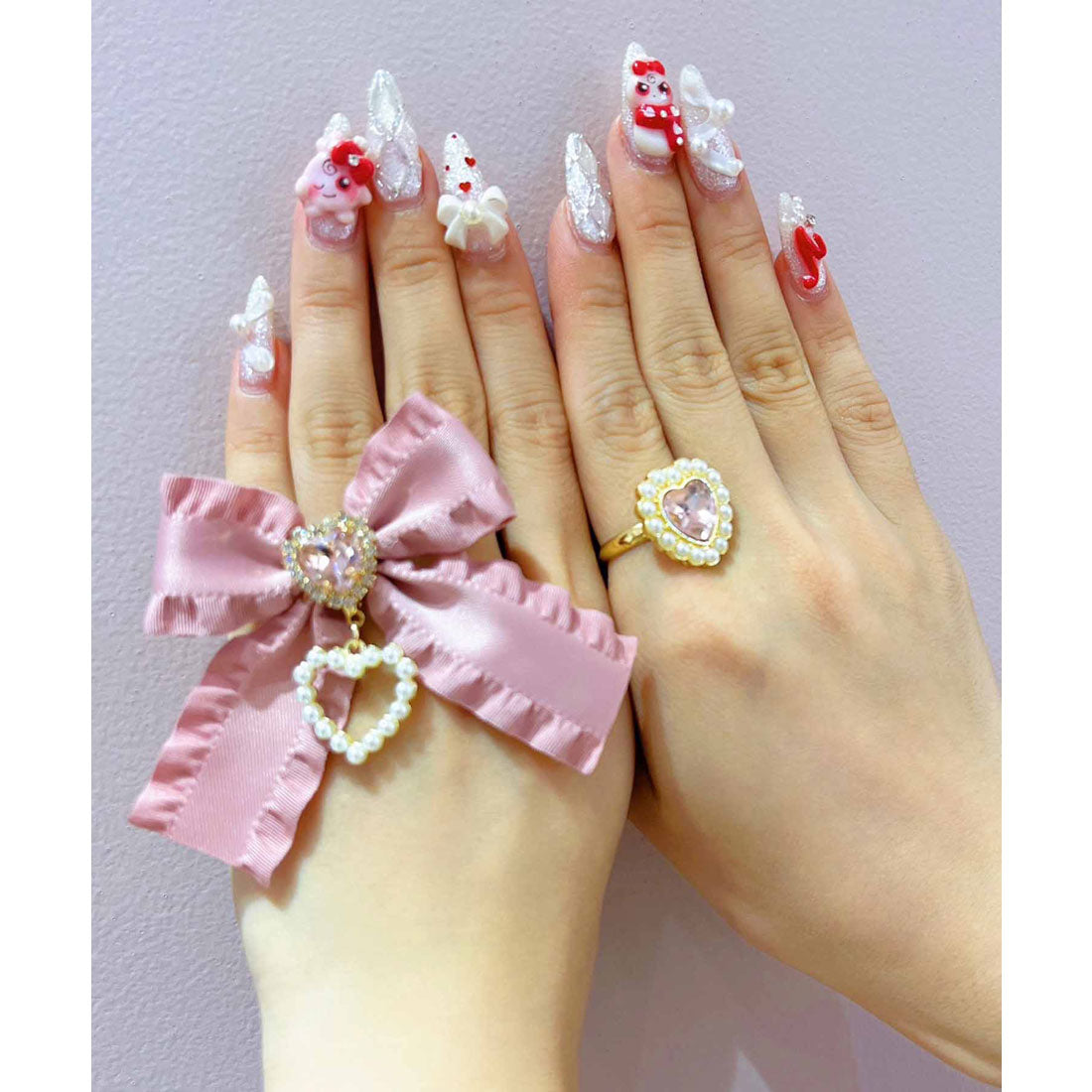 ROJITA Frill Ribbon + Heart Pearl Ring SET