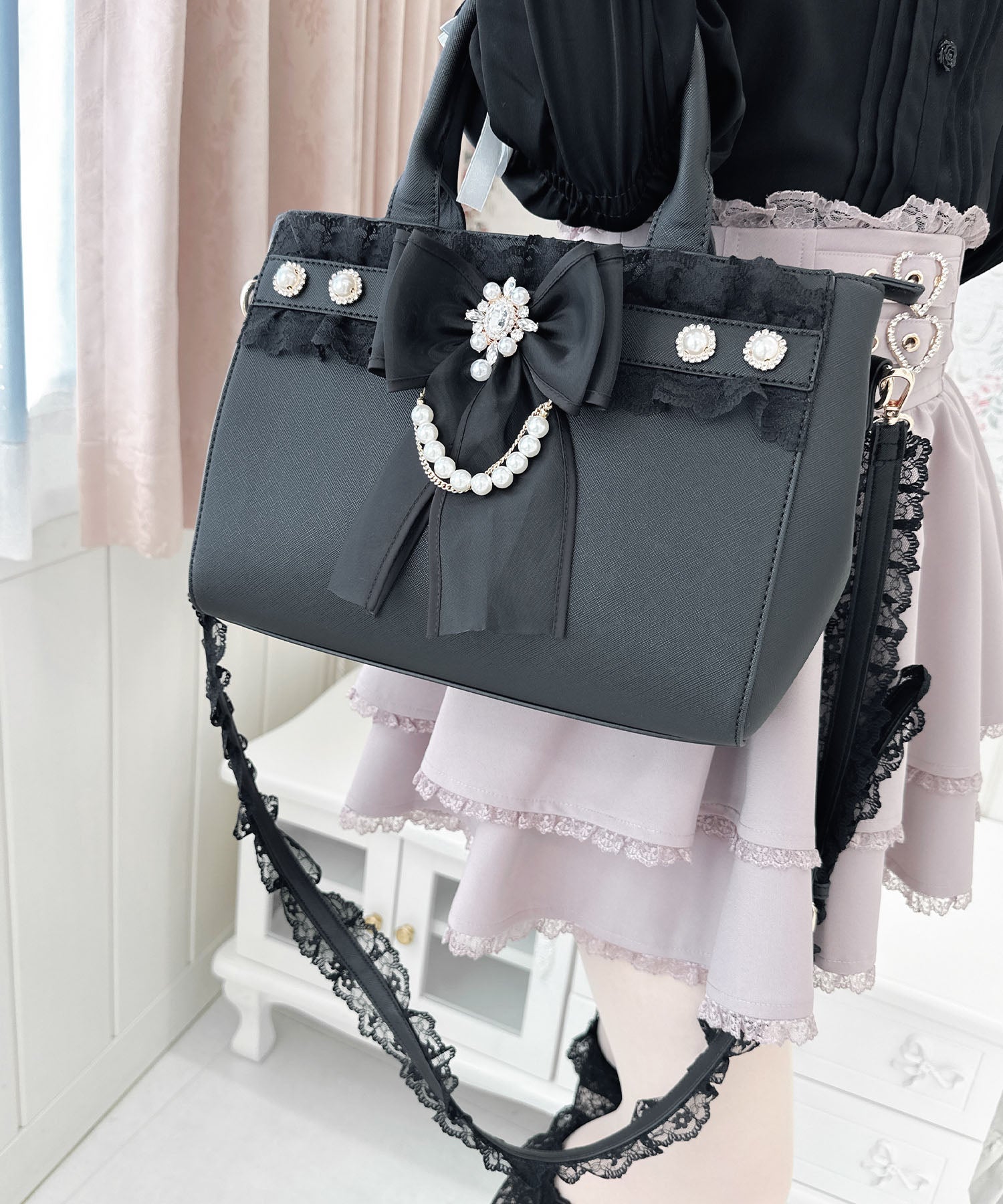 ロジータ ROJITA チュールリボン付き2wayバッグ,ブラック