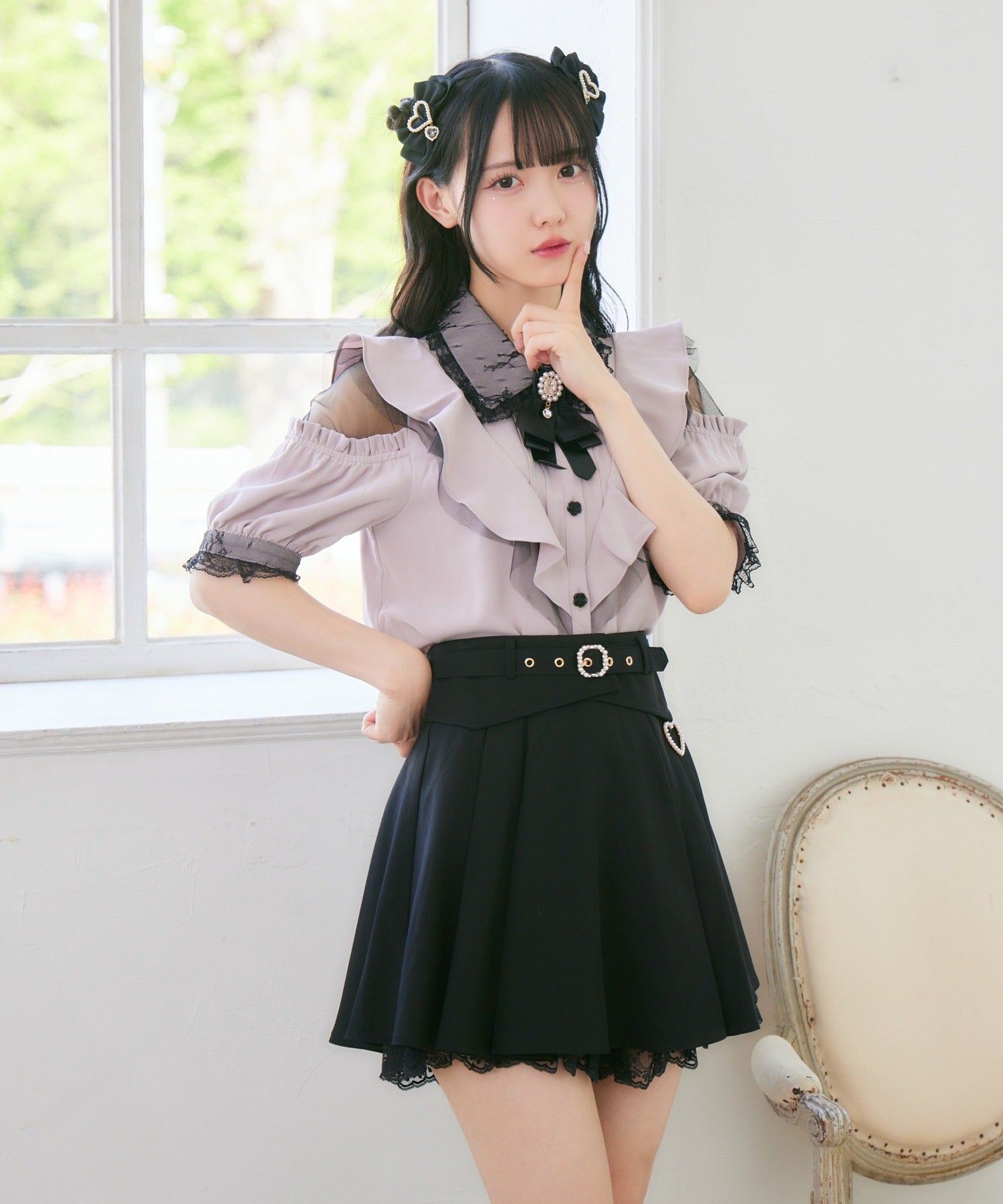 ロジータ ROJITA 肩開きVラッフル切替半袖ブラウス