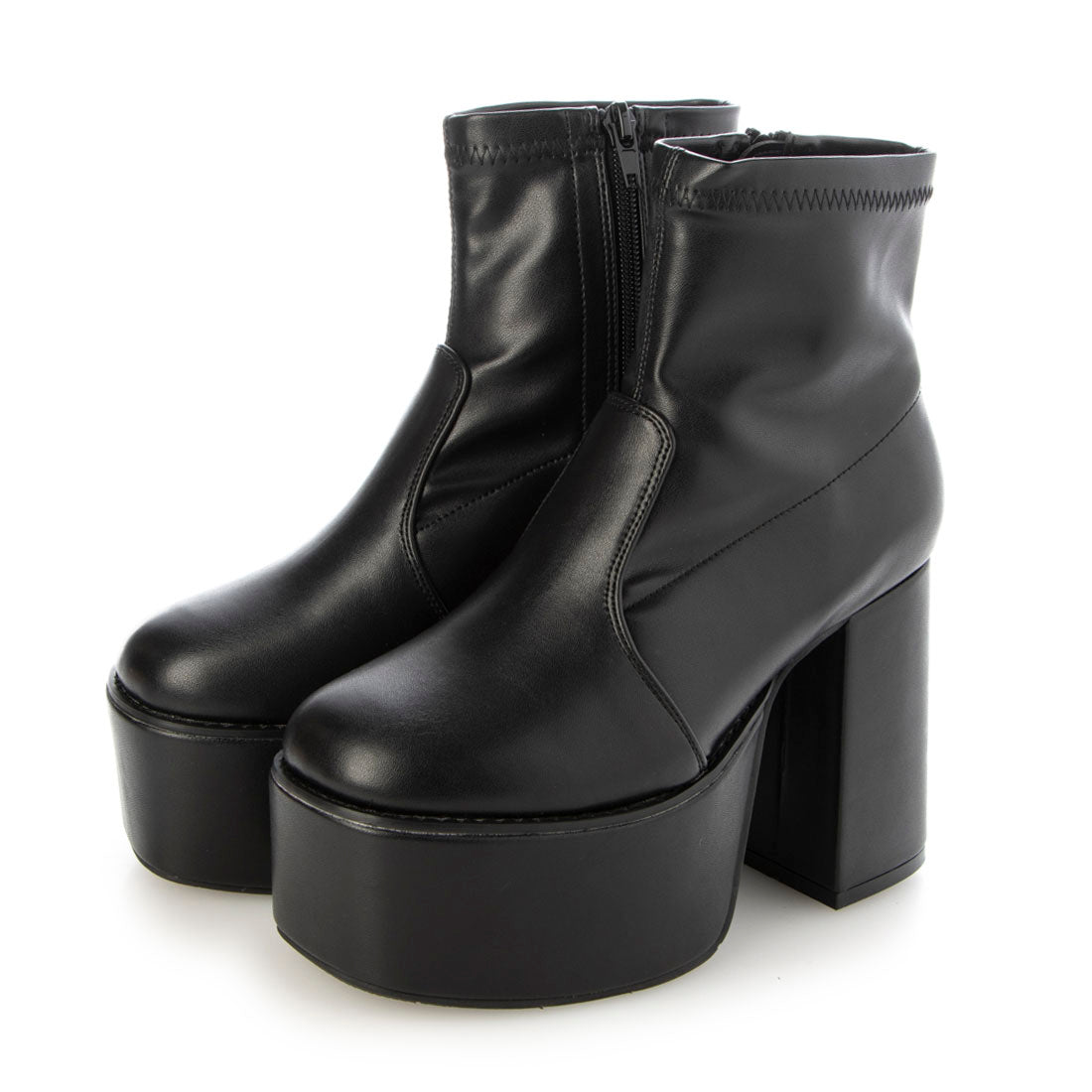 ルームナイン ROOM9 厚底 チャンキーヒール サイドジップ ショートブーツ レディース 黒 ストレッチ,ブラックスムース