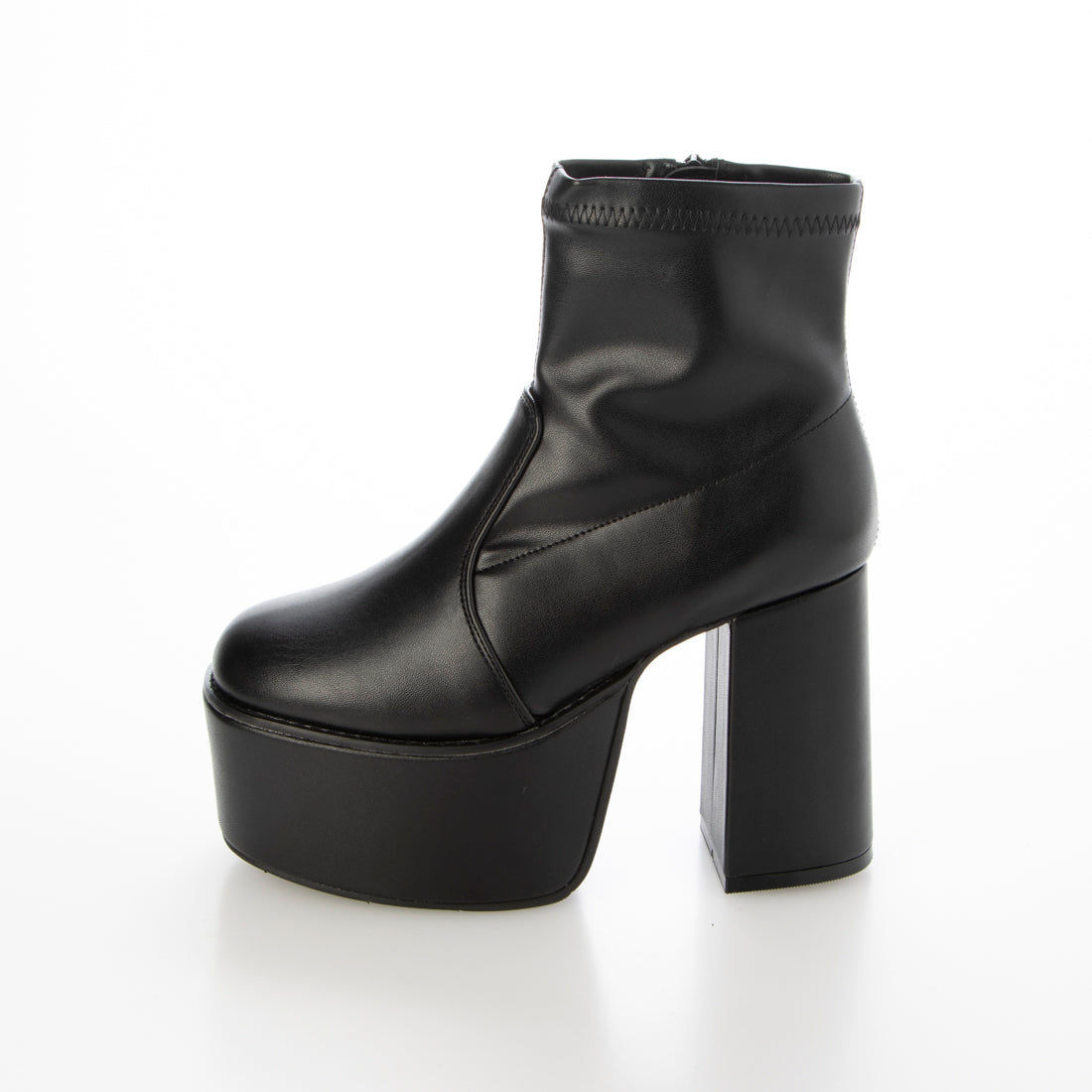 ルームナイン ROOM9 厚底 チャンキーヒール サイドジップ ショートブーツ レディース 黒 ストレッチ