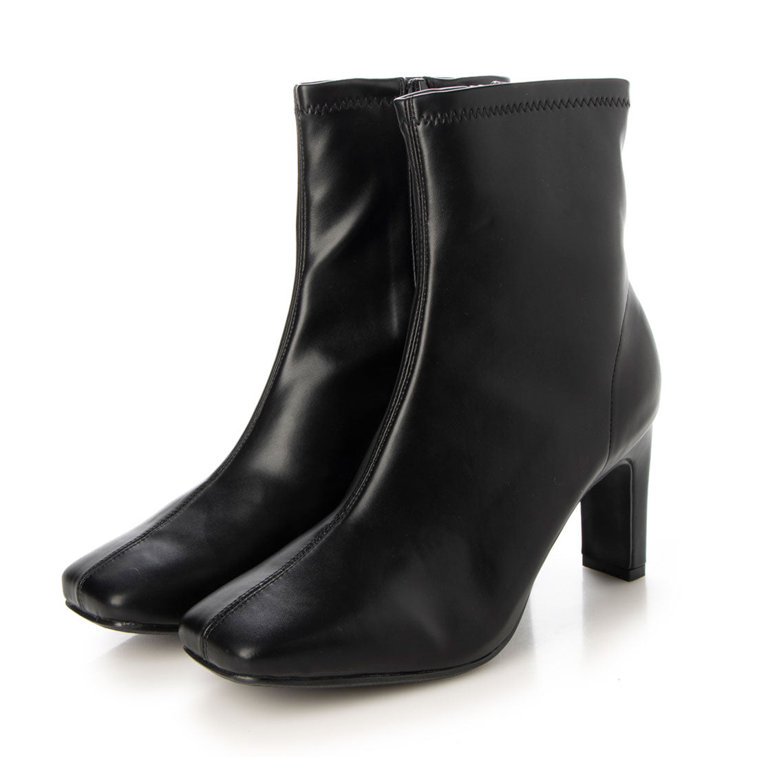 ルームナイン ROOM9 ストレッチ デザインヒール スクエアトゥ ショートブーツ レディース サイドジップ 歩きやすい,ブラックスムース
