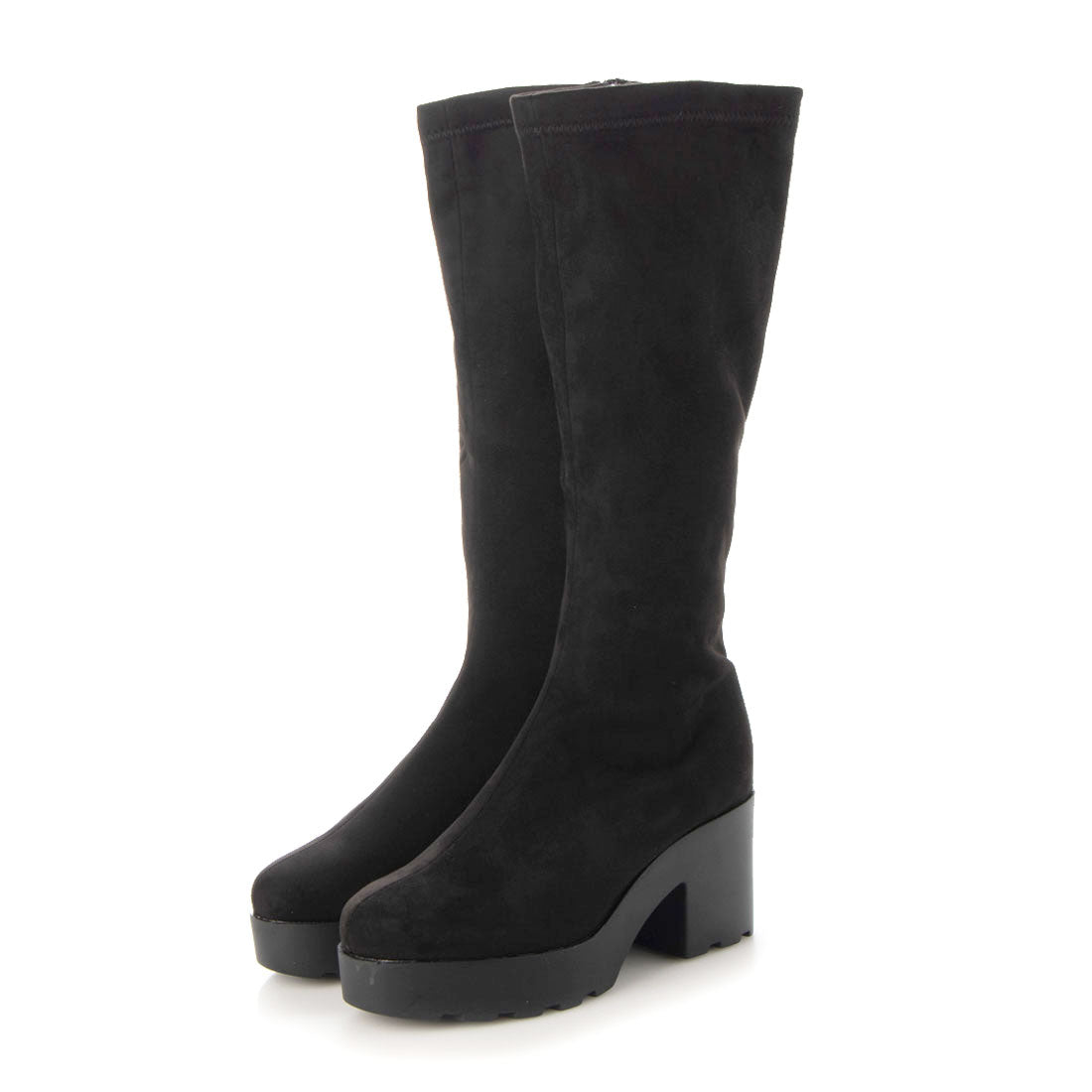 ルームナイン ROOM9 厚底 トラックソール スタイリッシュ ロングブーツ レディース 黒 サイドジップ 太ヒール