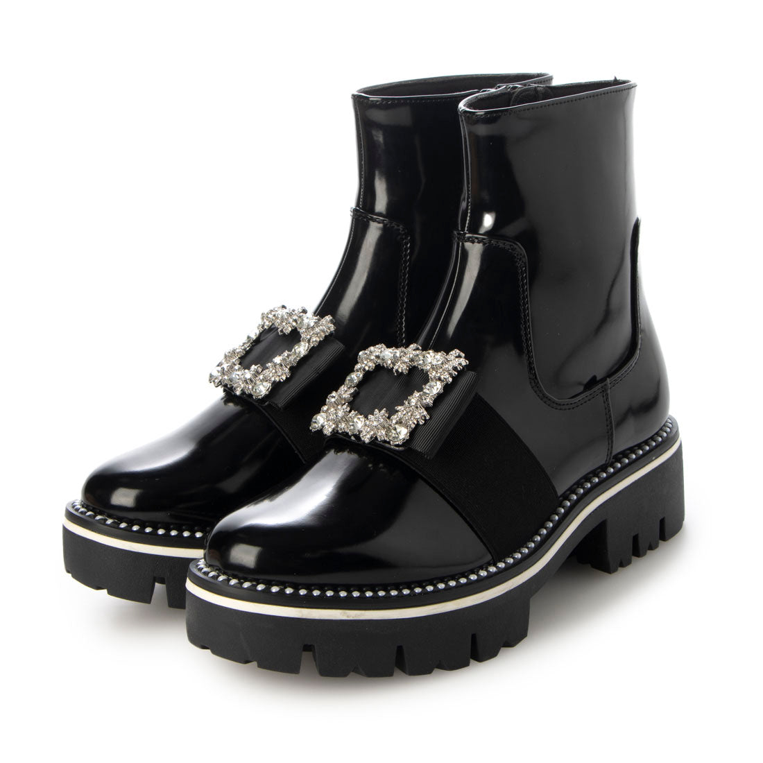 ルームナイン ROOM9 スクエア ビジュー サイドジップ ショートブーツ レディース