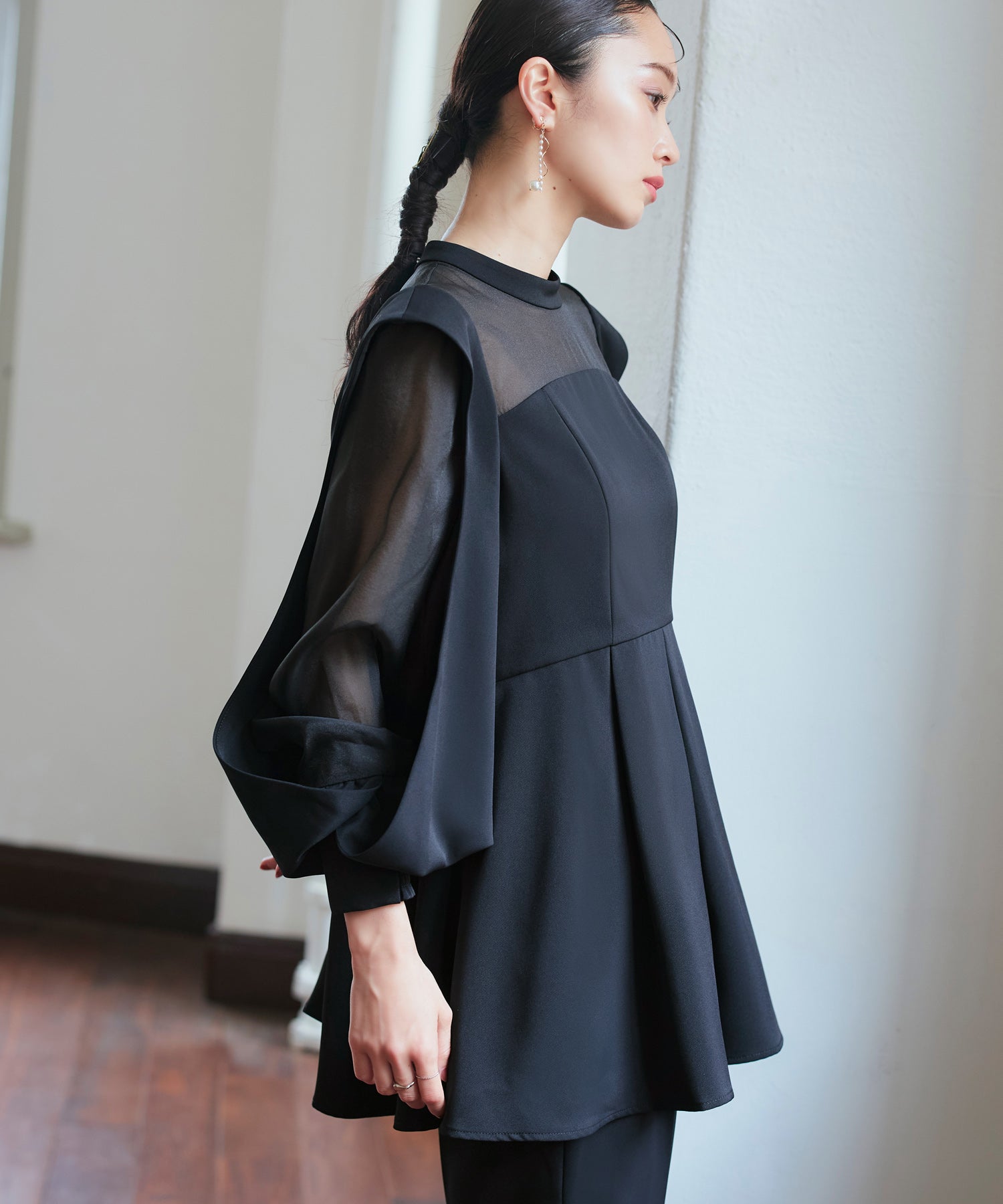 ルイルエブティック RUIRUE BOUTIQUE オケージョンドレス 結婚式 | スリットスリーブペプラムトップス& テーパードパンツ セットアップ | パーティードレス ワンピース ドレス フォーマル オケージョン お呼ばれ 美脚効果 (ブラック) ブラック