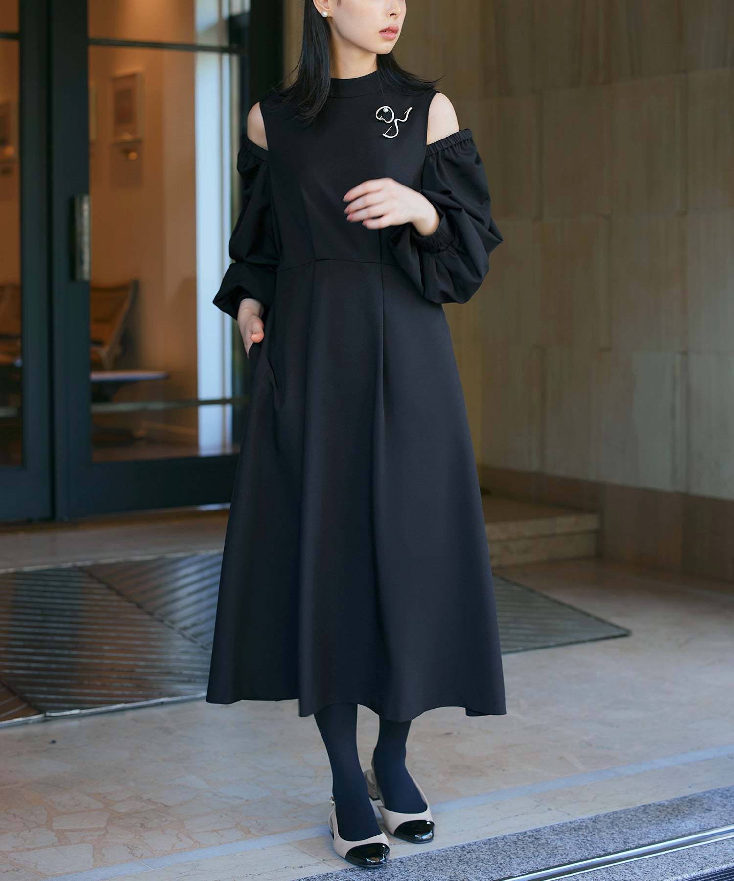 ルイルエブティック RUIRUE BOUTIQUE 2way袖配色オープンショルダーフレアワンピース,ブラック