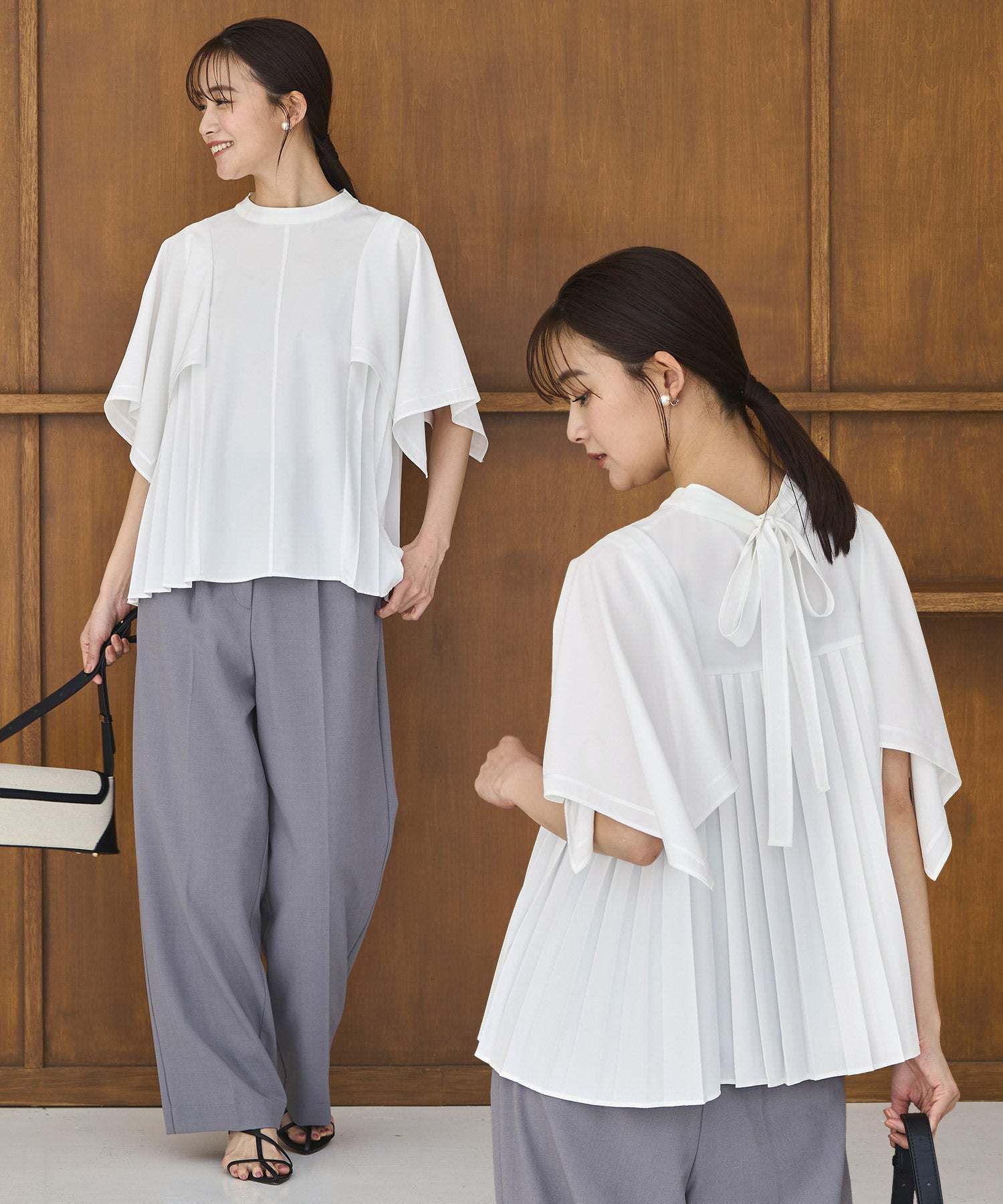 RUIRUE BOUTIQUE Washable | Cape Flare Sleeve & Pleated Top | Women's Office Casual Commuting Body Cover Short Sleeve Solid Stylish Elegant Upper Arm Concealing Top Shirt