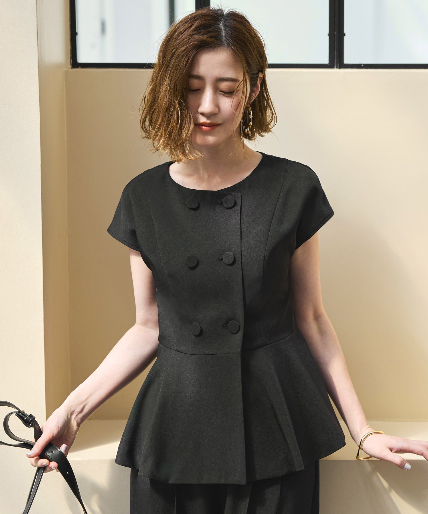 ルイルエブティック RUIRUE BOUTIQUE 洗える | フレンチシック パンツ セットアップ | レディース おしゃれ きれいめ オフィスカジュアル 通勤服 夏コーデ ペプラム ジャケット ワイドパンツ (ブラック) ブラック